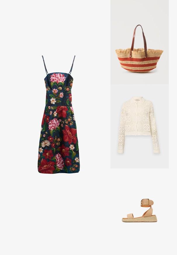 Cardigan en crochet blanc avec un col, présentant un motif carré complexe, des manches longues et des bords festonnés. Fermeture à boutons à l'avant.; Robe bleu marine sans manches avec fines bretelles perlées et un grand imprimé floral vibrant en rouge, rose, blanc et vert.; Sandales espadrilles en cuir beige avec une large bride sur les orteils, une bride à la cheville et une grande boucle en or. Talon compensé enveloppé de jute offrant une texture.; Sac cabas en paille tressée avec des rayures horizontales orange, bord supérieur à franges et deux bretelles en cuir marron.