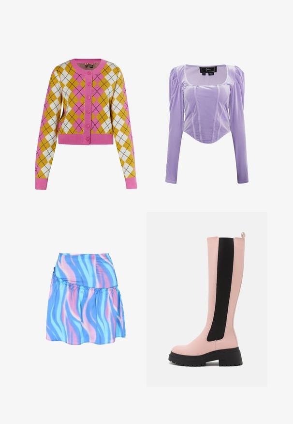 Cropped cardigan i gul, hvid og lyserød argyle mønster. Har lyserøde knapper og ribbede manchetter. Fremstillet af blødt strikmateriale.; Lavendel langærmet top lavet af blød fløjl. Har en firkantet udskæring, puffede ærmer og sømdetaljer for en struktureret pasform.; IZIA A-snit nederdel - blue; Even&Odd Høje støvler/ Støvler - pink