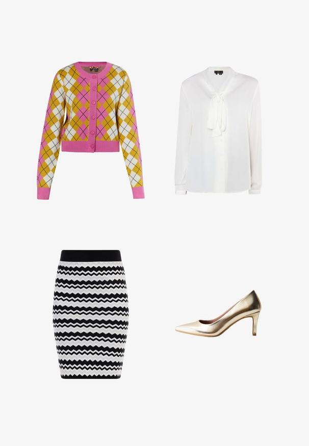 Cropped cardigan i gul, hvid og lyserød argyle mønster. Har lyserøde knapper og ribbede manchetter. Fremstillet af blødt strikmateriale.; Hvid, langærmet skjorte lavet af glat stof. Har en knyt-hals, knaplukning foran og en subtil glans. Lige kant med manchetter.; Strikpencilskørt med et zigzag-mønster i sort, hvid og grå. Elastisk linning; glat tekstur, skræddersyet facon.; Dames metallic guld spids tå højhælede sko med mellemhøj slank hæl og glat finish på hvid baggrund.
