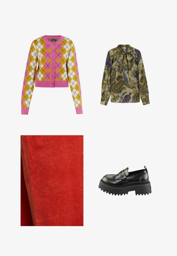 Cárdigan recortado en un patrón de rombos amarillo, blanco y rosa. Presenta botones rosas y puños acanalados. Hecho de material de punto suave.; Blusa de manga larga con base verde y estampado paisley multicolor, con cuello alto atado con un lazo en la parte delantera.; Tela de pana roja con costillas verticales, que presenta una textura suave. El color uniforme y las líneas definidas crean una apariencia homogénea.; Mocasines de cuero negro con una suela gruesa de goma negra texturizada. Presentan una puntera redonda y una correa decorativa en el empeine.