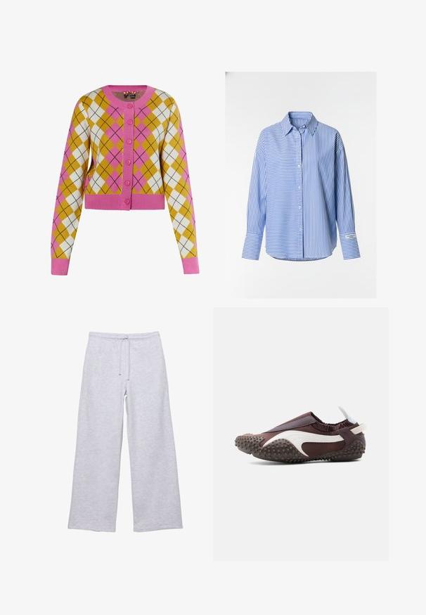 Cropped cardigan i gul, hvid og lyserød argyle mønster. Har lyserøde knapper og ribbede manchetter. Fremstillet af blødt strikmateriale.; Blå og hvid stribet skjorte med lange ærmer og knaplukning på kraven, med buet kant og diskret mærkning på manchet. Fremstillet i letvægtsstof.; Lysegrå sweatpants lavet af blød stof, med en elastisk talje med snøre, brede ben og en glat overflade.; Brun og hvid slip-on sko med tekstureret gummisål dækket af små runde greb, elastisk ankelmanchet og en trækflig ved hælen.
