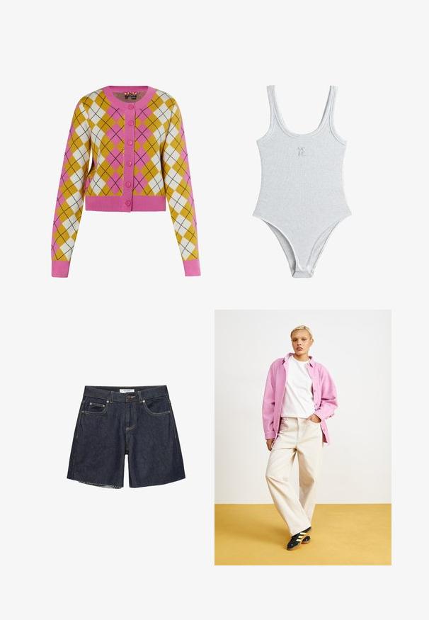 Cropped cardigan i gul, hvid og lyserød argyle mønster. Har lyserøde knapper og ribbede manchetter. Fremstillet af blødt strikmateriale.; Lysegrå ribbet tankbodystocking med rund halsudskæring og "see if." broderet på brystet, designet til kvinder.; Mørkeblå denimshorts med knap- og lynlås-lukning, to forlommer og rå kantede kanter.; Lyserød fløjls skjorte over en hvid t-shirt, parret med beige brede bukser og sorte sko med gule striber. Sat mod en gul baggrund.