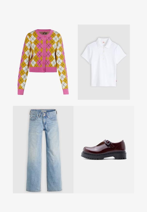 Cropped cardigan i gul, hvid og lyserød argyle mønster. Har lyserøde knapper og ribbede manchetter. Fremstillet af blødt strikmateriale.; Hvid kortærmet ribbet poloshirt med krave og fire knapper, lagt fladt ud på en lysegrå baggrund.; Lyseblå vidde jeans i denim med knaplukning, baglommer og en let falmet vask for et afslappet look.; Vinrød laklædersko med rund tå, justerbar spænde og chunky sort platformsål med rillede tekstur.