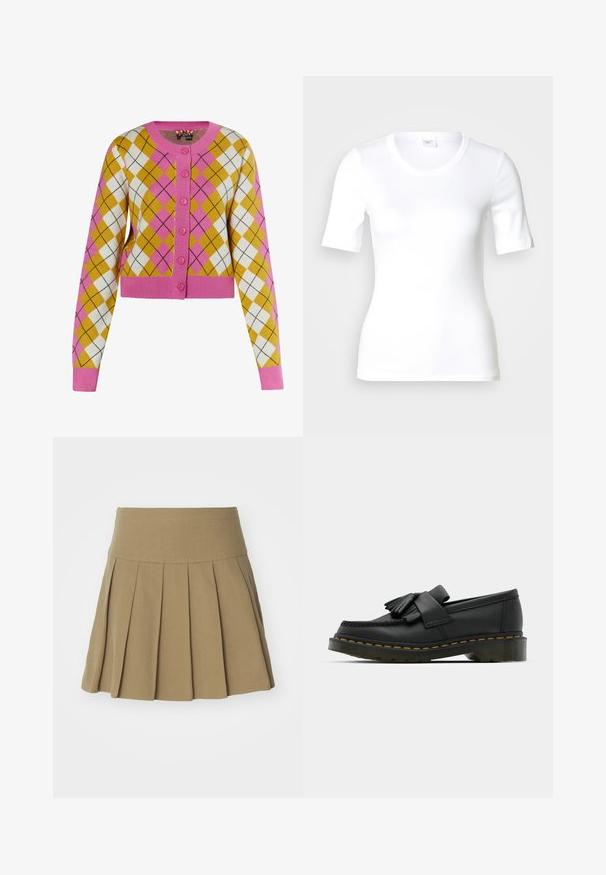 Cárdigan recortado en un patrón de rombos amarillo, blanco y rosa. Presenta botones rosas y puños acanalados. Hecho de material de punto suave.; Camiseta blanca de manga corta hecha de algodón liso, con escote redondo y forma ajustada. Diseño clásico, sin estampados ni adornos.; Falda plisada color caqui con cintura ajustada, fabricada en un tejido suave, que presenta pliegues afilados que realzan su apariencia estructurada.; Mocasines de cuero negro con punta redonda, que presentan un detalle de flecos y una banda decorativa en la parte frontal, montados sobre un tacón grueso.