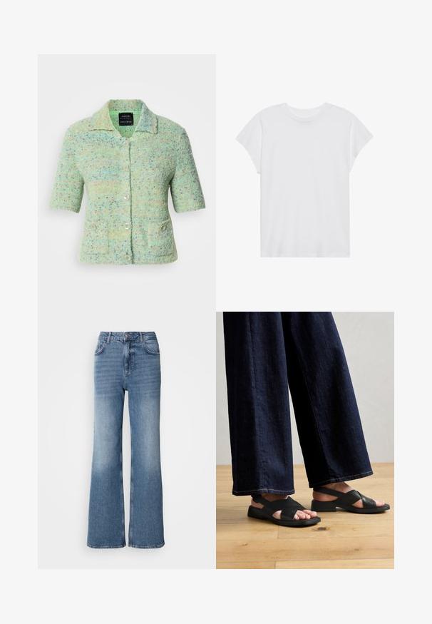 Kortærmet mintgrøn strikket cardigan med en tekstureret overflade, der har farverige prikke, en krave og fire knaplukninger.; Hvid kortærmet t-shirt med rund hals, afslappet pasform, lavet af blødt bomuldsstof. Glat tekstur, ingen mønstre eller logoer.; Mos Mosh MAI - Jeans Straight Leg - blue wash; Sorte lædersandaler med et krydsdesign, flad sål og minimal hardware, parret med vide mørke denim-bukser.
