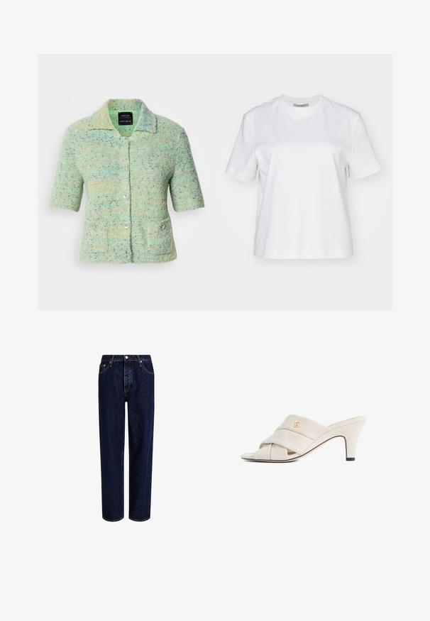 Cardigan en tricot vert menthe à manches courtes avec une finition texturée, ornée de taches colorées, d'un col et de quatre boutons de fermeture.; AllSaints LISA TEE - T-shirt basique - white; Jeans en denim bleu foncé avec une coupe droite, dotés d'une taille haute, d'un style à cinq poches et de coutures contrastantes. Sans embellissements.; Mules à talons hauts beiges avec un design de bride en cuir torsadé, bout ouvert et motif de logo en relief. Le talon présente un détail d'embout noir.