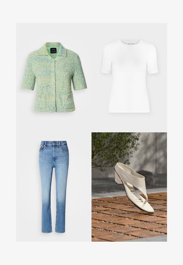 Kortærmet mintgrøn strikket cardigan med en tekstureret overflade, der har farverige prikke, en krave og fire knaplukninger.; Hvid T-shirt med rund hals, korte ærmer, slank pasform og ribbet stofstruktur, vist på en ensfarvet lys grå baggrund.; Blå denimjeans med høj talje, lige ben-design, falmede farvegradient og fem-lomme stil. Metalknap- og lynlås-lukning.; Hvid læderhæl sandal med bred rem og tåpost, vist udendørs på en overflade med træ og grusfliser med grønt i baggrunden.