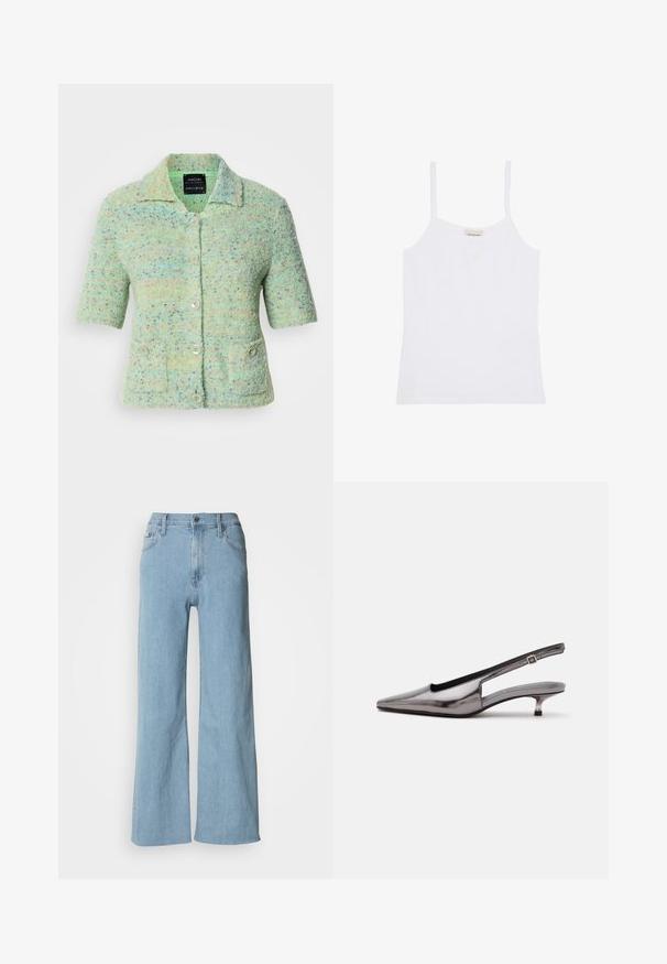 Kortærmet mintgrøn strikket cardigan med en tekstureret overflade, der har farverige prikke, en krave og fire knaplukninger.; Hvid Calvin Klein dame top med tynde skulderstropper og enkelt, tætsiddende design.; Lyseblå vidde jeans lavet af denim, med en tætsiddende talje, fem-lomme design og subtile syningsdetaljer.; Metalgrå spids slingback-sko med lav kittenhæle og justerbar rem på hvid baggrund.