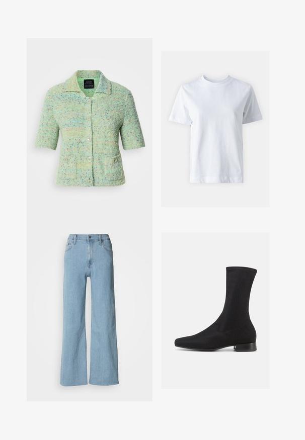 Kortærmet mintgrøn strikket cardigan med en tekstureret overflade, der har farverige prikke, en krave og fire knaplukninger.; Hvid bomulds t-shirt med rund halsudskæring, korte ærmer, lige snit og glat tekstur. Ingen mønstre eller dekorationer.; Lyseblå vidde jeans lavet af denim, med en tætsiddende talje, fem-lomme design og subtile syningsdetaljer.; Sort ankelstøvle med en glat, elastisk overdel og en lav, lagdelt hæl. Har en spids tå og et sømløst design.