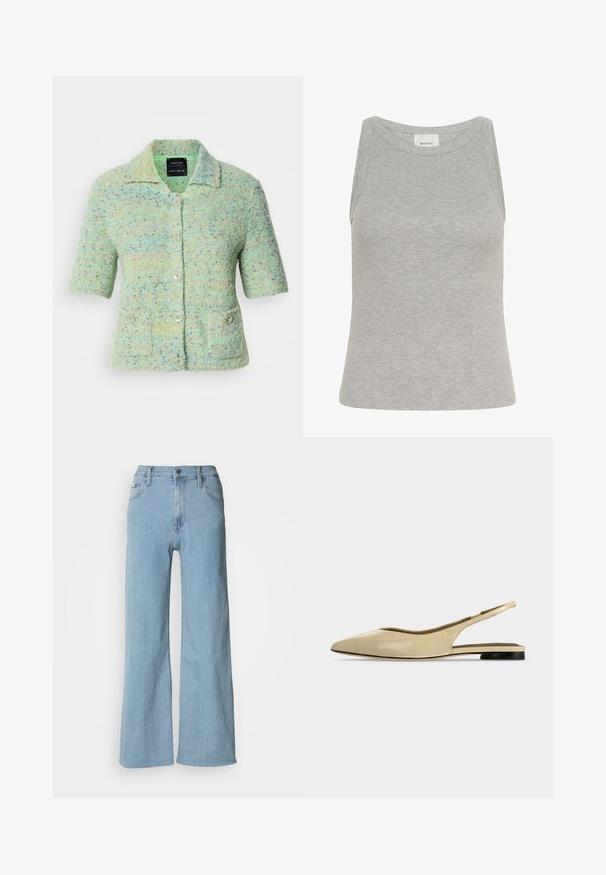 Kortærmet mintgrøn strikket cardigan med en tekstureret overflade, der har farverige prikke, en krave og fire knaplukninger.; Grå ribbet tanktop med rund halsudskæring og ærmeløs design. Fremstillet af blødt stof, har en tætsiddende silhuet og minimale syninger.; Lyseblå vidde jeans lavet af denim, med en tætsiddende talje, fem-lomme design og subtile syningsdetaljer.; Beige spids tå slingback flad sko med lav sort hæl og en glat læderfinish, vist fra siden på en ensfarvet baggrund.