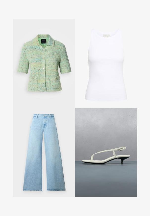Kortærmet mintgrøn strikket cardigan med en tekstureret overflade, der har farverige prikke, en krave og fire knaplukninger.; Hvid ribbet tanktop med rund halsudskæring og uden ærmer. Strækbart stof og tætsiddende design. Etiketten bagpå viser "GESTUZ."; Lysblå brede jeans lavet af denim med høj talje, der har en knaplukning og fem lommer. Glat tekstur med en afslappet silhuet.; Hvid sandal med stropper og kitten-hæl med spids tå, svævende over et trægulv udendørs med en sløret plante og væg i baggrunden.