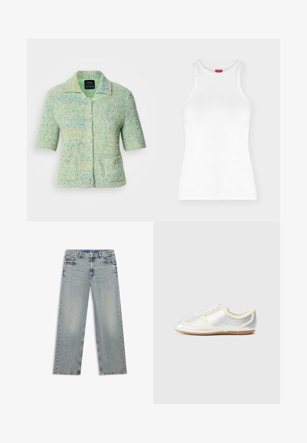 Kortærmet mintgrøn strikket cardigan med en tekstureret overflade, der har farverige prikke, en krave og fire knaplukninger.; Hvid ærmeløs ribbet tanktop med høj rund hals og tætsiddende pasform vist på en ensartet lys baggrund.; Lyseblå jeans med vide ben lavet af denim, med udvaskede områder, fem lommer og en blå mærket taljebånd.; Sølvfarvede syntetiske sneakers med cremefarvede detaljer, lav profil, rundet snude og flad gummisål; har klassiske syninger og snørelukning.