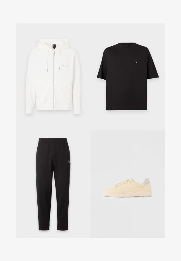 Sweat à capuche blanc zippé en tissu doux, doté d'une capuche avec cordon, de poignets côtelés et d'un petit patch logo sur la poitrine.; T-shirt noir à manches courtes avec col rond, orné d'un petit logo aigle blanc Emporio Armani centré sur la poitrine, sur un fond gris.; Pantalon de survêtement noir à taille élastique, jambes fuselées, avec un petit logo blanc sur la partie supérieure de la cuisse gauche.; Baskets basses beige à lacets, semelle rose clair et languette grise à l'arrière marquée "Filling Pieces", vues de profil sur fond uni.
