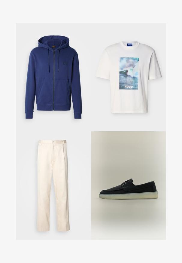 Sweat à capuche bleu marine en tissu doux, avec fermeture éclair intégrale, capuche à cordon de serrage et poches avant, orné d'un petit logo sur la poitrine.; T-shirt blanc à manches courtes avec un motif de vague océanique en bleu, vert et blanc et le texte "HUGO" centré à l'avant.; Pantalon en coton beige avec une coupe droite, présentant une fermeture à bouton et des plis sur le devant pour plus de détails.; Chaussure bateau décontractée en cuir noir avec semelle en caoutchouc blanche et laçage à l'avant, présentée de profil sur un fond neutre.