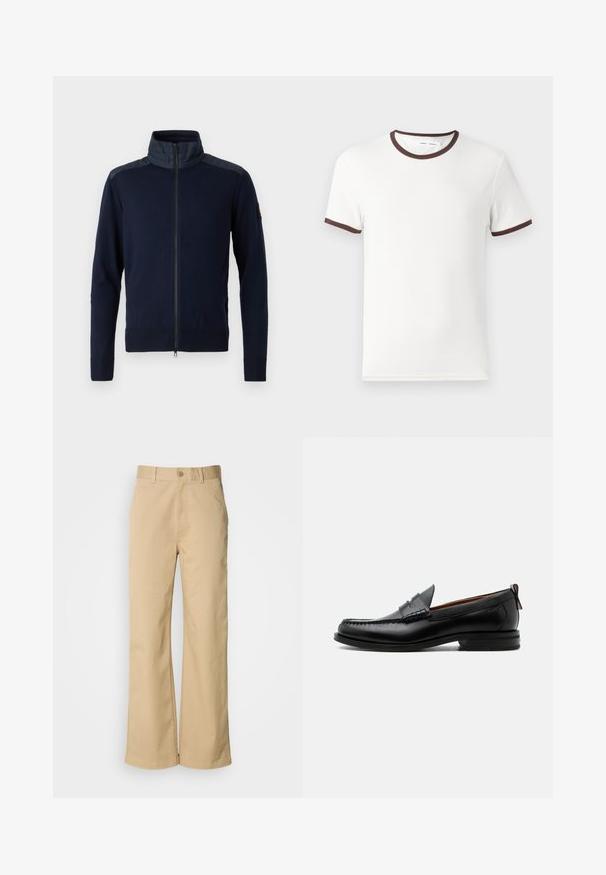 Marinekleurige zip-up jas met een hoge kraag, elastische manchetten en gestructureerde schouderaccenten. Gemaakt van gebreide stof met gladde details.; Witte T-shirt met korte mouwen, voorzien van een bruine ribbelboord rond de hals en mouwranden, gemaakt van zacht katoen. Eenvoudig en klassiek ontwerp.; Beige, wijde broek gemaakt van een katoenmix. Voorzien van een knoopsluiting en riemlussen. Soepele textuur, met minimale stikseldetails.; Zwarte leren herensloffen met moc toe stiksel, pennyriem, gestructureerde kraag en lage gestapelde hak op witte achtergrond.