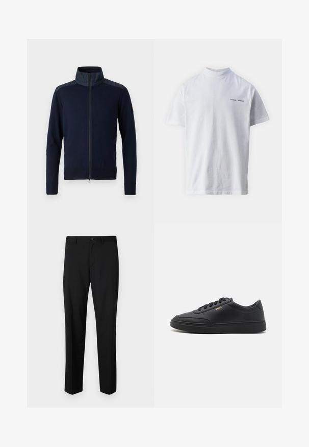 Marinekleurige zip-up jas met een hoge kraag, elastische manchetten en gestructureerde schouderaccenten. Gemaakt van gebreide stof met gladde details.; Witte katoenen t-shirt met een hoge hals en korte mouwen. Voorzien van het 'SAMSØE SAMSØE' logo in het zwart op de voorkant. Glad van textuur.; Zwarte op maat gemaakte broek met een platte voorkant, standaard taille en rechte pijpen. Gemaakt van een gladde stof, met een enkele knoopsluiting.; Zwarte leren sneakers met een gladde textuur, ronde neus, platte rubberen zool en tonale veters. Kenmerkt zich door de gouden "BOSS" branding aan de zijkant.