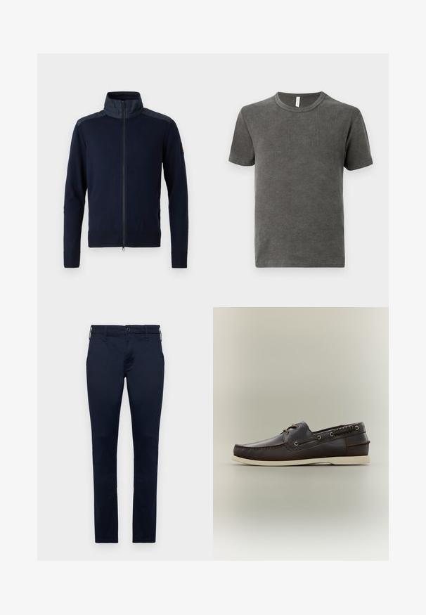 Marineblaues Zip-Jackett mit hohem Kragen, elastischen Bündchen und strukturierten Schulterakzenten. Hergestellt aus einem gestrickten Stoff mit glatten Details.; Graues T-Shirt mit Rundhalsausschnitt aus weichem Stoff, mit kurzen Ärmeln und geradem Saum. Glatte Textur ohne sichtbare Muster oder Akzente.; Marineblaue Baumwollhose mit geradem Bein, standardmäßiger Taille und fünf Taschen. Glatte Textur mit minimalen Nähdetails.; Dunkelbrauner Leder-Bootsschuh mit weißer Sohle, Mokassinnaht, Ösen für die Schnürsenkel und dekorativer Seitenlancierung auf neutralem Hintergrund.