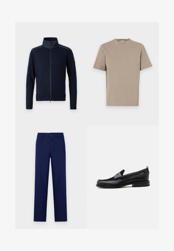 Marineblaues Zip-Jackett mit hohem Kragen, elastischen Bündchen und strukturierten Schulterakzenten. Hergestellt aus einem gestrickten Stoff mit glatten Details.; Beige Baumwoll-T-Shirt mit rundem Halsausschnitt, kurzen Ärmeln und geradem Saum. Glatte Textur, minimalistisches Design, keine sichtbaren Grafiken oder Akzente.; Marineblaue Hose mit Knopf und Reißverschluss, geradem Schnitt, flachem Bund und seitlichen Taschen; aus glattem, leichtem Material gefertigt.; Schwarzer Lederloafer mit grauem Riemendetail, niedrigem Absatz und strukturierter Sohle, seitlich mit „HUGO“ in Gold gebrandmarkt.