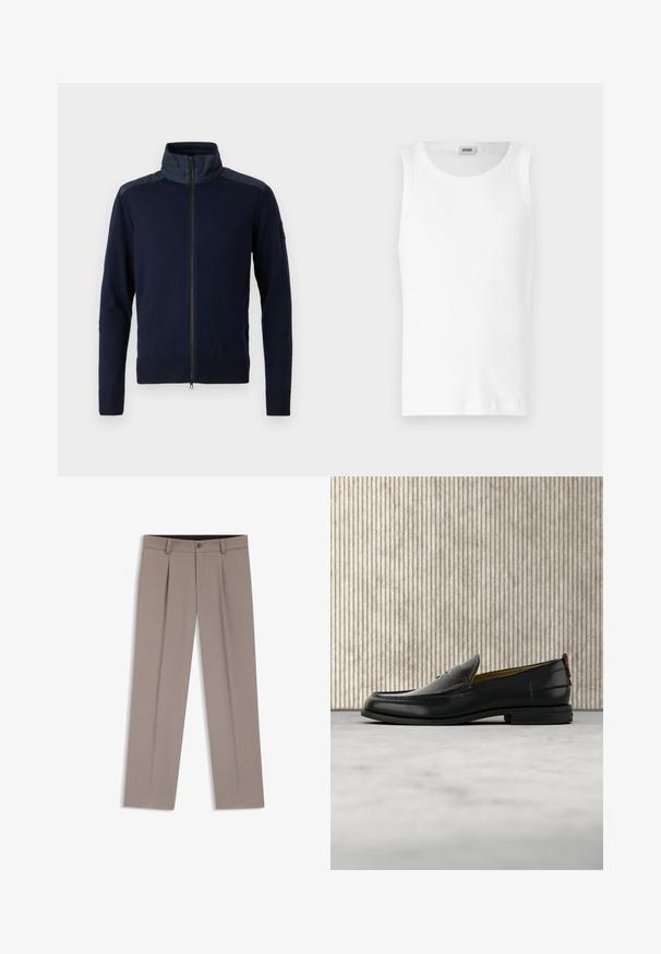 Marinekleurige zip-up jas met een hoge kraag, elastische manchetten en gestructureerde schouderaccenten. Gemaakt van gebreide stof met gladde details.; Witte katoenen mouwloze tanktop met een ronde halslijn en een gladde textuur. Eenvoudig ontwerp, geen patronen of accenten.; Lichtbruine, op maat gemaakte herensbroek met ceintuurlussen, plooien, knopen aan de voorkant en ritssluiting, plat gelegd op een witte achtergrond.; Zwarte leren herenslipper met een krokodillen-embossed voorblad en een lage hak, zij-aanzicht op een neutrale achtergrond.