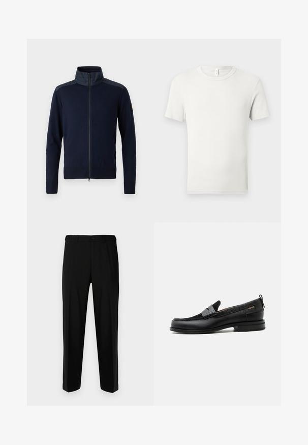 Marinekleurige zip-up jas met een hoge kraag, elastische manchetten en gestructureerde schouderaccenten. Gemaakt van gebreide stof met gladde details.; Effen witte korte mouw T-shirt met ronde hals plat gelegd op een lichtgrijze achtergrond met een klein stoffen label bij de kraag.; Zwarte broek van gladde stof, met een rechte snit, twee voorzakken en een ritssluiting met knoopsluiting.; Zwarte leren loafer met grijs riemdetailelement, lage hak en gestructureerde zool, aan de zijkant gebrandmerkt met "HUGO" in goud.