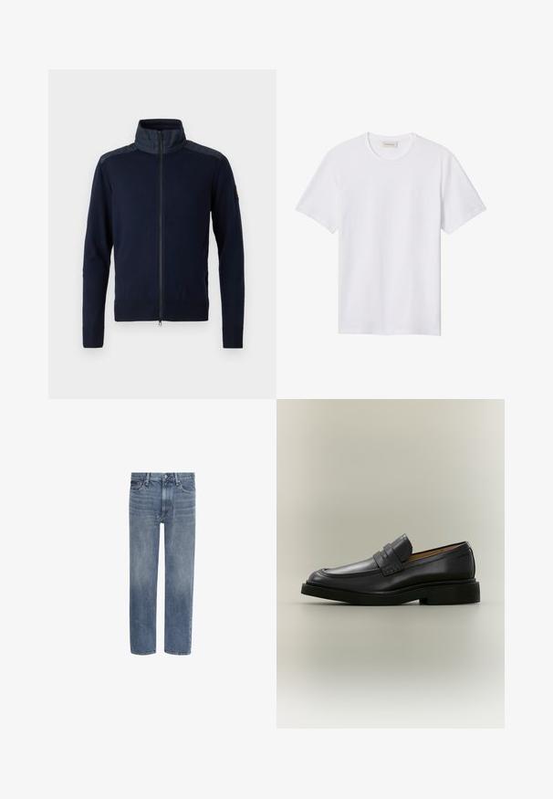 Marineblaues Zip-Jackett mit hohem Kragen, elastischen Bündchen und strukturierten Schulterakzenten. Hergestellt aus einem gestrickten Stoff mit glatten Details.; Ein schlichtes weißes T-Shirt mit kurzen Ärmeln und Rundhalsausschnitt, mit einem kleinen, geprägten Logo auf der linken Brust und einem Markenlabel im Kragen.; Gerade geschnittene blaue Denim-Jeans mit Vordertaschen, Gürtelschlaufen und Knopfverschluss.; Schwarzer Leder-Herrenloafer mit niedrigem Absatz und Riemendetail über dem Vorderblatt, im Profil auf neutralem Hintergrund gezeigt.