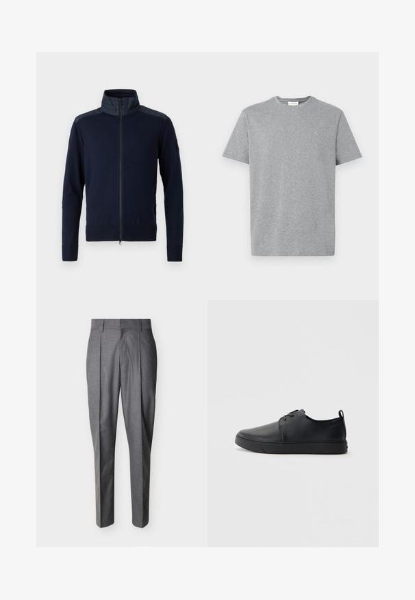 Tumed zip-up jakk, millel on kõrge krae, elastsed mansetid ja tekstureeritud õlavarre aktsendid. Valmistatud siledast kangast, millel on sujuvad detailid.; Hall hall ja lühikeste varrukatega hall puuvillane T-särk, ümara kaelusega ja väikese logoga vasakul rinnal. Lihtne, klassikaline disain ja tekstuur.; Hallid kohandatud püksid voltidega ja vööaasad, esitletud lamedalt valgel taustal.; Mustaläik nahast spordijalatsid siledaga viimistlusega, ümarate varvastega, sama tooni õmblustega, nööbid ees, ja lamedate kummist tallaga. Kannas aas.