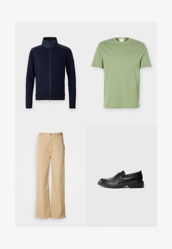 Tumed zip-up jakk, millel on kõrge krae, elastsed mansetid ja tekstureeritud õlavarre aktsendid. Valmistatud siledast kangast, millel on sujuvad detailid.; Hele-roheline lühikeste varrukatega puuvillane T-särk ümmarguse kaelusega ja väikese tikitud logoga vasakul rinnal.; Bežid, laiused püksid, mis on valmistatud puuvillasegust. Omavad nupuvärvi ja vööaukude. Sujuv tekstuur, kus on minimaalsed õmbluse detailid.; Must musta kemppedista nahkasaapad madala kontsaga ja peene Calvin Kleini logoga küljel, näidatud profiilis valgel taustal.