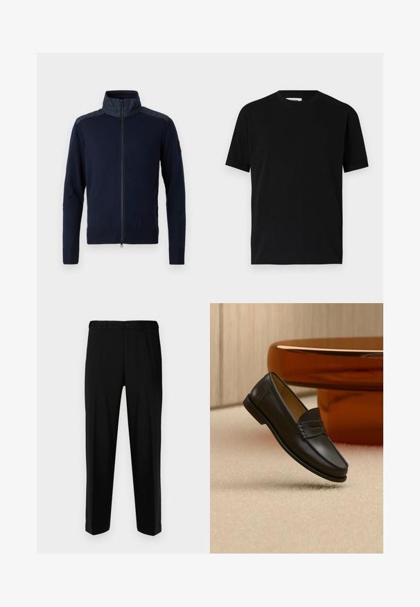 Marineblaues Zip-Jackett mit hohem Kragen, elastischen Bündchen und strukturierten Schulterakzenten. Hergestellt aus einem gestrickten Stoff mit glatten Details.; Schwarzes kurzärmliges T-Shirt aus Baumwolle mit Rundhalsausschnitt und lockerer Passform. Sanfte Textur, keine Muster oder sichtbaren Logos.; Schwarze Hosen aus glattem Stoff, mit geradem Schnitt, zwei vorderen Taschen und einem Reißverschluss mit Knopfverschluss.; Schwarzer Leder-Loafer, der über einem hellbeigen Teppich schwebt, mit bernsteinfarbenen modernen Möbeln im Hintergrund.