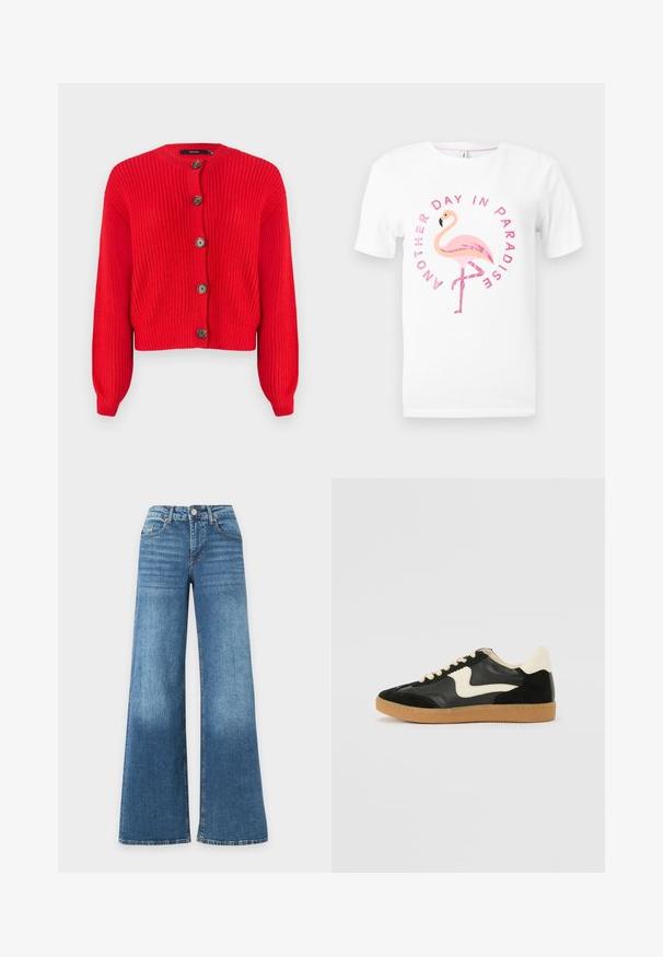 Cárdigan de punto rojo con cuello redondo, mangas largas y cinco grandes botones marrones en la parte delantera. Diseño corto y tejido texturizado.; Camiseta blanca con gráfico de flamenco rosa y texto brillante "Otro día en el paraíso" curvado alrededor del ave.; Vaqueros azules de talle alto y pierna ancha con botón frontal, cierre de cremallera y bolsillos delanteros y traseros, exhibidos sobre un fondo blanco.; Zapatillas de deporte de ante y cuero negro con un swoosh lateral en crema y un talón en crema claro. Presenta cordones beige y una suela de goma marrón.