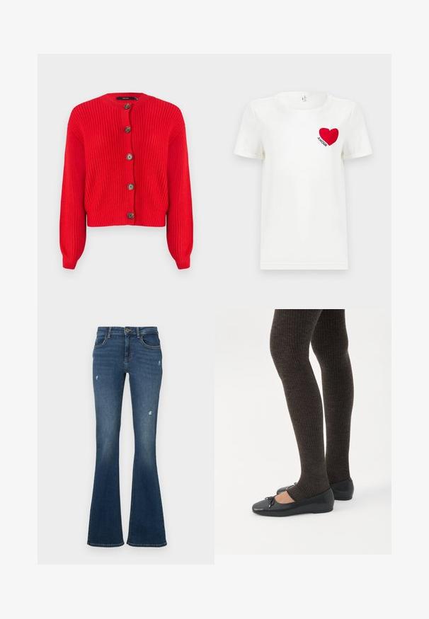 Cárdigan de punto rojo con cuello redondo, mangas largas y cinco grandes botones marrones en la parte delantera. Diseño corto y tejido texturizado.; Camiseta blanca de manga corta con un corazón rojo y la palabra "AMOUR" impresa en el área del pecho izquierdo.; Pantalones vaqueros acampanados en azul oscuro con parches desgastados. Cuenta con cinco bolsillos y cierre de cremallera. Tela de peso medio con una textura suave.; Piernas con leggings oscuros acanalados combinados con bailarinas negras que presentan pequeños detalles de lazo sobre un fondo blanco.