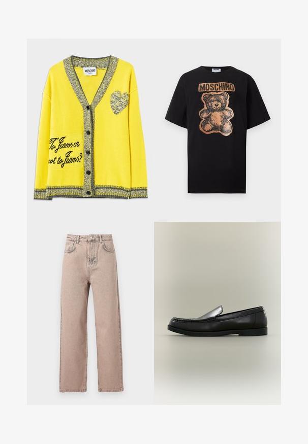 Gul strikket cardigan med grå detaljer, har et hjerte design og teksten "To jeans eller ikke to jeans?" på venstre lomme. Seks sorte knapper.; Sort T-shirt med korte ærmer med en kobberfarvet teddybjørn-grafik og fed "MOSCHINO" tekst over bjørnen på brystet.; Beige højtaljede jeans med lige ben, forreste knap, bæltestropper og klassisk design med fem lommer på ensfarvet baggrund.; Sort læder loafer med moc toe-syning, lav hæl og slip-on design mod en neutral baggrund.