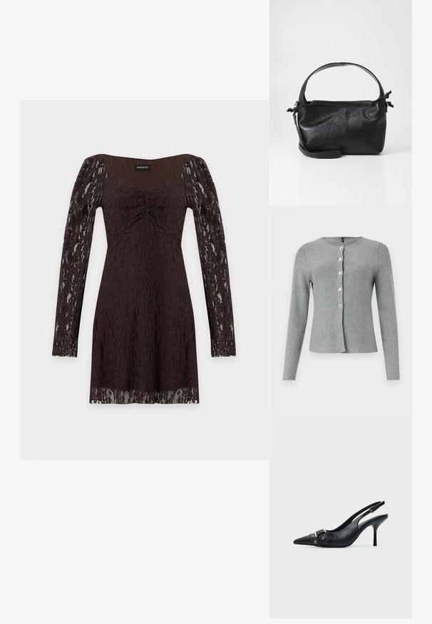 Cardigan long gris à manches longues, col rond, comportant cinq boutons transparents sur le devant, fabriqué en matériau tricot doux avec une texture lisse.; Robe en dentelle marron foncé à manches longues avec détail plissé au niveau de la poitrine et manches et ourlet en dentelle semi-transparente sur fond blanc.; Escarpin slingback à talon haut en cuir noir avec bout pointu, boucle et détail de bride œillet à l'avant.; Sac à main en cuir noir au design structuré, avec une poignée arrondie et une bandoulière amovible. Présente une texture lisse et un éclat subtil.