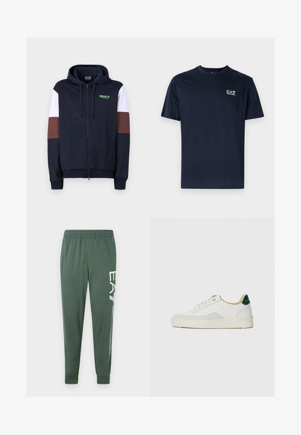 Tumesinine zip-up kapuutsiga jakki, milles on valged ja pruunid aktsenttriibud. Omab pehmet tekstuuri, känguru-taskuid ja roheline logo rinnal.; Tumedat sinine puuvillane T-särk lühikeste varrukatega, ümmarguse kaelusega ja EA7 logo valgel värvil vasakul ülal nurgas. Sujuv tekstuur, lõdvestunud disain.; Rohelised spordipüksid elastse vöökohaga, torukujulise lõikega ja valge logoga vasakul säärel; sile, kerge kangas.; Valged tennisjalanõud, millel on sametised aktsendid, ümar varvas, lame nöörid ja kreemjas kummine põhja. Hästi nähtav roheline bränding kannal.