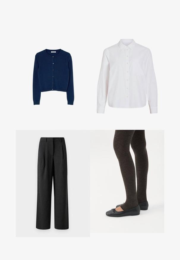 Navyblå strikket cardigan med lange ærmer, rund halsudskæring og seks-knaps lukning foran. Har ribbede manchetter og nederste kant.; Hvid skjorte med lange ærmer, knapper foran, klassisk krave, enkelt brystlomme, lavet af glat, let stof med løs pasform.; Sorte brede bukser lavet af tekstureret stof, med forkødsfolder og skræddersyet talje, designet til at have en løs pasform.; Ben iført mørke ribbede leggings kombineret med sorte balletsko med små sløjfedetaljer på hvid baggrund.