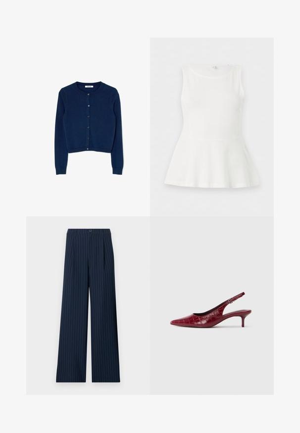 Navyblå strikket cardigan med lange ærmer, rund halsudskæring og seks-knaps lukning foran. Har ribbede manchetter og nederste kant.; Hvid ærmeløs peplum top med rund halsudskæring og figursyet talje, vist fladt på en ensartet hvid baggrund.; Marineblå bukser med vide ben og pindestregsmønster, med bæltestropper, forreste knap og læg, vist fladt mod en hvid baggrund.; Bordeaux læder slingback pumpe med krokodillestruktur, spidse tæer, justerbar spænde rem og lav kitten hæl på en hvid baggrund.