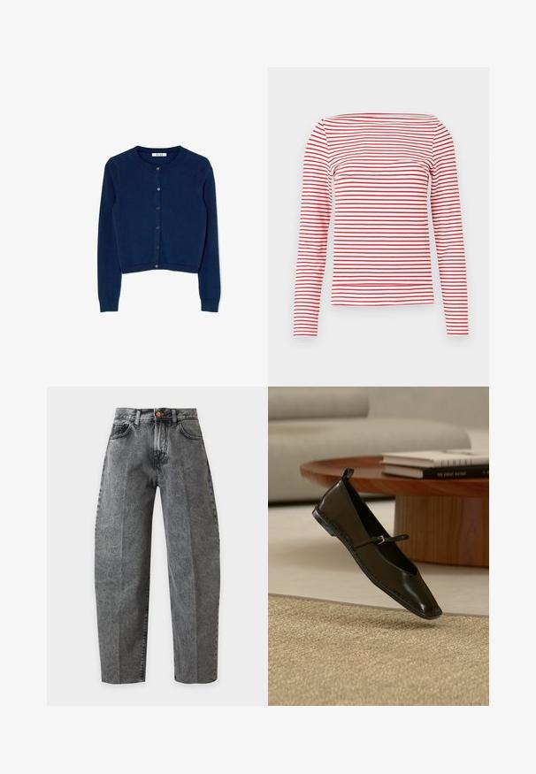 Marineblauwe gebreide cardigan met lange mouwen, ronde halslijn en zes knopen aan de voorkant. Voorzien van geribbelde manchetten en zoom.; Rood-witte gestreepte top met lange mouwen en een boothals. Gemaakt van een zachte stof met gelijkmatig verdeelde horizontale strepen.; Grijs gewassen denim jeans met een hoge taille, knoopsluiting, voorzakken en rechte brede pijpen op een effen witte achtergrond.; Zwarte leren Mary Jane platte schoen zwevend boven een beige geweven tapijt met op de achtergrond een ronde houten tafel en gestapelde boeken.