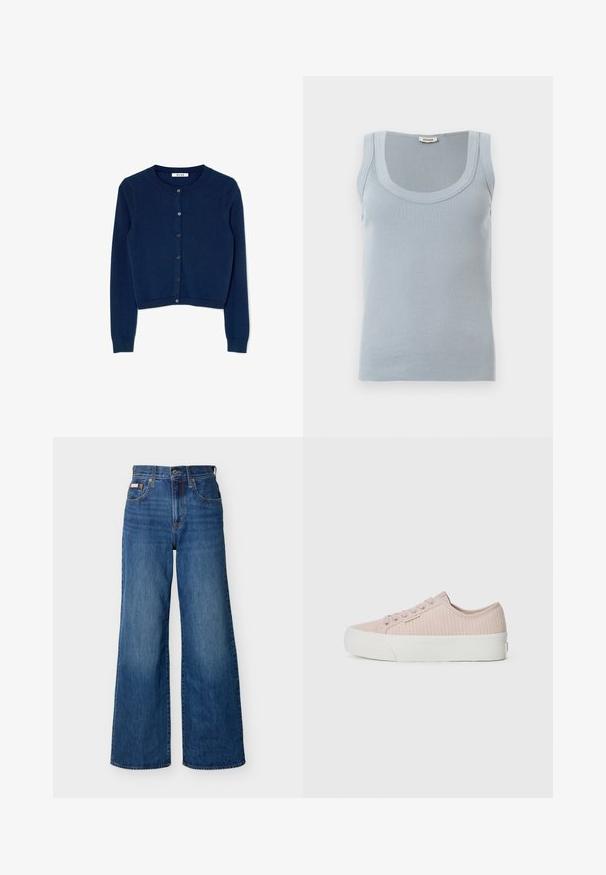 Marineblauwe gebreide cardigan met lange mouwen, ronde halslijn en zes knopen aan de voorkant. Voorzien van geribbelde manchetten en zoom.; Lichtblauw geribd mouwloos tanktopje met ronde hals en Drykorn-label aan de achterkant van de kraag, plat gelegd op een witte ondergrond.; Blauwe wijde denim jeans met hoge taille, knopen aan de voorkant, rits en vijfzakkenontwerp tegen een effen achtergrond.; Roze corduroy sneaker met een witte rubberen zool, voorzien van een ribbelstructuur, ronde neus en vetersluiting. Subtiele merkaanduiding aanwezig.