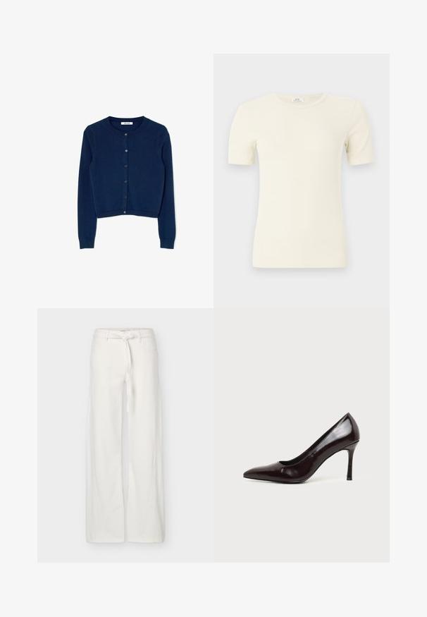 Navyblå strikket cardigan med lange ærmer, rund halsudskæring og seks-knaps lukning foran. Har ribbede manchetter og nederste kant.; Cremefarvet ribstrikket T-shirt med korte ærmer og rund hals, tætsiddende pasform, vist på en ensartet lys baggrund.; Hvide bukser med brede ben, frontlommer og et stofbælte bundet i taljen, vist på en ensfarvet baggrund.; Sort læder pegetå højhælet sko med en slank stilet hæl på en ensfarvet lys baggrund.