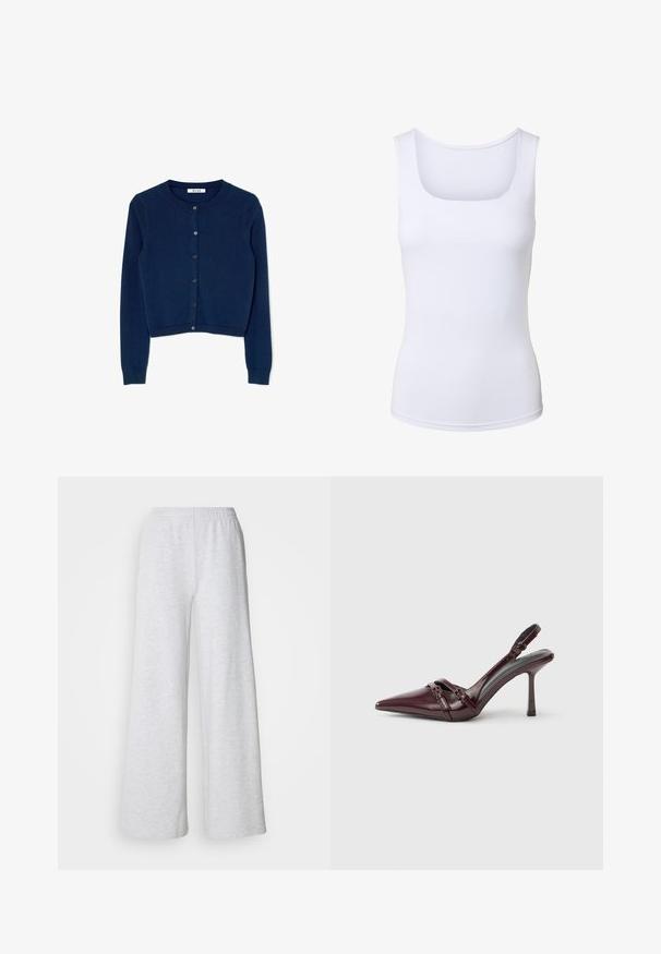 Navyblå strikket cardigan med lange ærmer, rund halsudskæring og seks-knaps lukning foran. Har ribbede manchetter og nederste kant.; Hvid ærmeløs tanktop med firkantet halsudskæring, tætsiddende silhuet og glat stoftekstur.; Lysegrå brede bukser med elastisk talje, lavet af blødt stof med en subtil tekstur og uden synlige mønstre eller accenter.; Bourgogne laklæder slingback-hæl med spids tå, tynd ankelrem og lille dekorativ spænde. Glat tekstur og høj hæl.