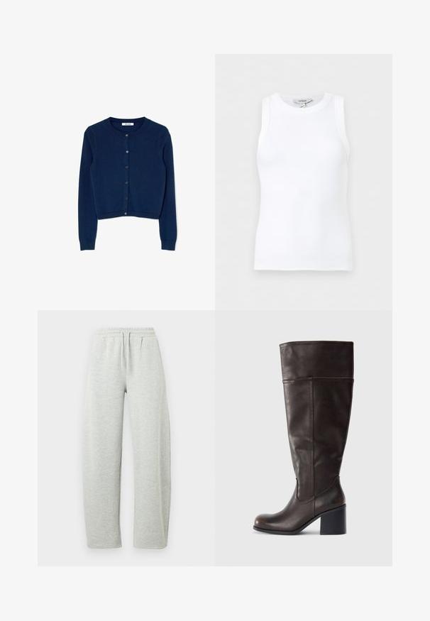 Gilet en tricot bleu marine à manches longues, col rond et fermeture à six boutons à l'avant. Doté de poignets et d'un ourlet côtelés.; Débardeur blanc côtelé sans manches avec encolure ronde, coupe ajustée et petite étiquette de marque à l’intérieur du col.; Pantalon de survêtement gris clair avec une ceinture élastique et un cordon de serrage. Le tissu présente une texture douce et des jambes droites et amples.; Botte en cuir marron hauteur genou avec un bout rond et un talon empilé. Présente une texture lisse et des coutures latérales.