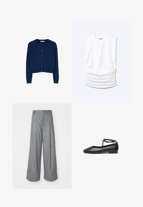 Navyblå strikket cardigan med lange ærmer, rund halsudskæring og seks-knaps lukning foran. Har ribbede manchetter og nederste kant.; Hvid ærmeløs t-shirt med rund halsudskæring, polstrede skuldre og rynkede sider, lagt fladt på lys baggrund.; Grå vidde bukser lavet af blødt stof, med høj talje, frontfolder og et diskret logo-tag på taljebåndet.; Sorte læder ballerinaer med spids tå, flad hæl og snørredetalje om anklen. Glat tekstur, minimalistisk design.