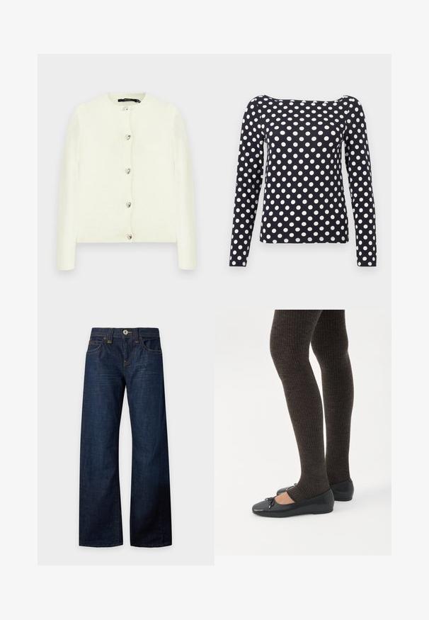 Cardigan blanc en matière douce avec un col rond, doté de six boutons argentés en forme de cœur sur le devant et de poignets côtelés.; Chemise bleu marine à manches longues avec des pois blancs, encolure bateau et coupe ajustée.; Jean bleu foncé à jambes larges avec bouton et fermeture éclair, poches avant et arrière, passants de ceinture et surpiqûres contrastées, disposé à plat sur fond blanc.; Jambes portant des leggings côtelés foncés associés à des ballerines noires avec de petits détails en nœud sur fond blanc.