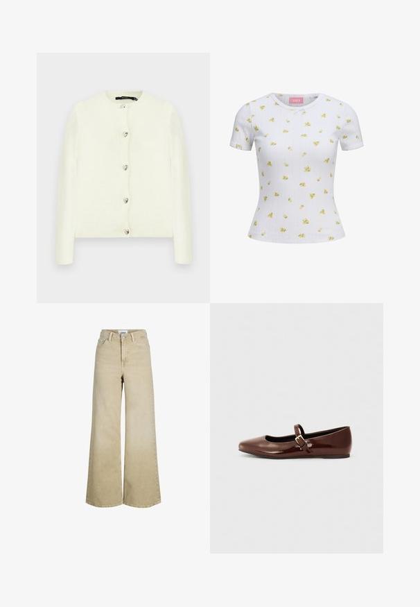 Cardigan blanc en matière douce avec un col rond, doté de six boutons argentés en forme de cœur sur le devant et de poignets côtelés.; T-shirt blanc ajusté à manches courtes avec petit imprimé floral jaune et motif vertical subtil, col rond et petit détail de nœud à l'avant.; Jean beige à taille haute et jambes larges, avec bouton et fermeture éclair à l'avant, passants pour ceinture et poches avant.; Ballerine en cuir verni marron avec un bout carré et une lanière ornée d'une petite boucle dorée. Texture lisse, talon bas et design minimaliste.