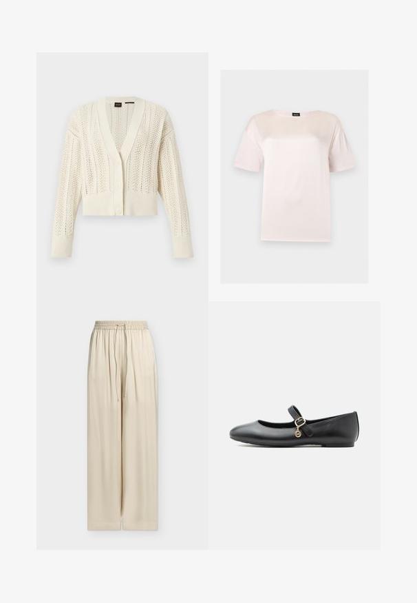 Cardigan en tricot couleur crème avec col en V, boutonnière à l'avant, manches longues, poignets et ourlet côtelés, présentant un motif de dentelle sur tout le vêtement.; T-shirt en coton rose clair à manches courtes avec un col rond et une étiquette noire de la marque BOSS à l'intérieur du col.; Pantalon large ample beige avec ceinture élastique et cordon, tissu lisse, ourlet droit, sans poches visibles ni motifs.; Chaussure plate Mary Jane en cuir noir avec une petite boucle dorée et un charme circulaire sur fond blanc.