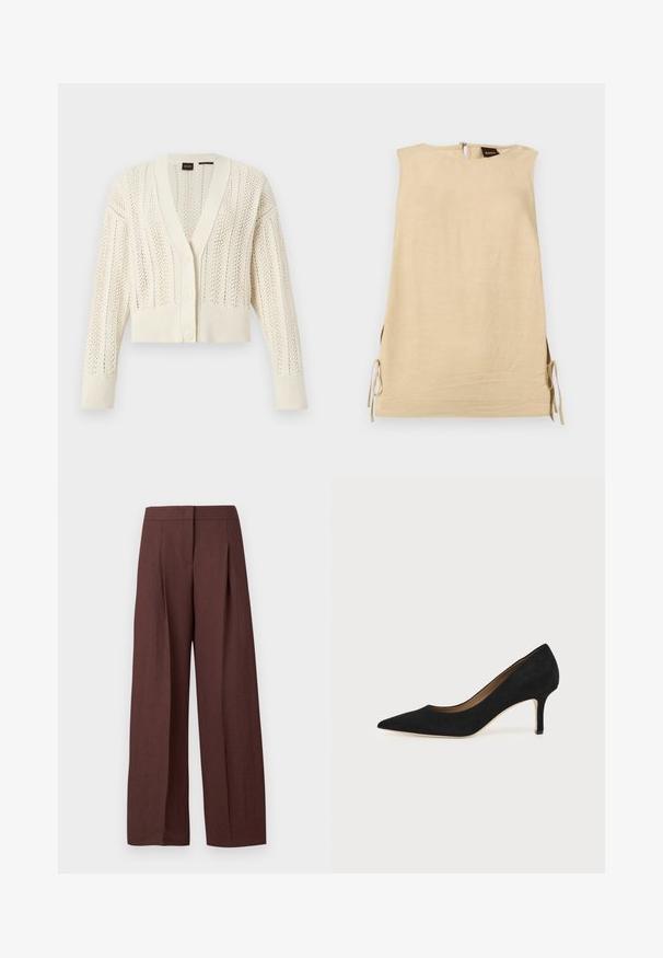 Cardigan en tricot couleur crème avec col en V, boutonnière à l'avant, manches longues, poignets et ourlet côtelés, présentant un motif de dentelle sur tout le vêtement.; Robe beige sans manches avec fentes latérales nouées par des nœuds, col montant et fermeture éclair au dos avec étiquette de la marque Boss visible.; Pantalon marron à jambes larges et taille haute avec plis devant et fermeture avant dissimulée, présenté sur fond blanc uni.; Escarpin en daim noir à bout pointu avec un talon stiletto fin de hauteur moyenne et un design à coupe basse sur un fond uni.