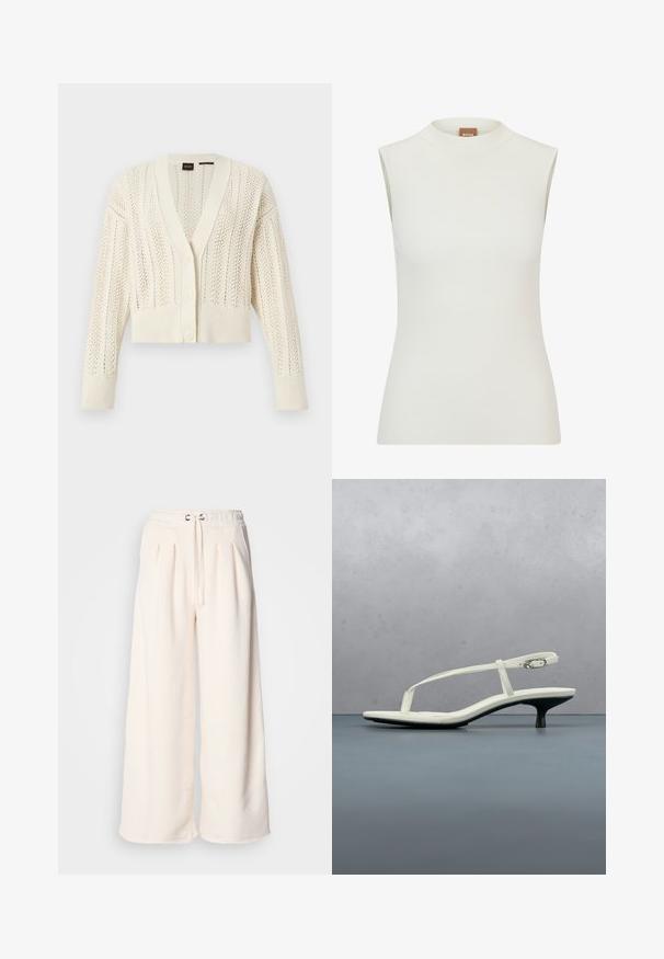 Cardigan en tricot couleur crème avec col en V, boutonnière à l'avant, manches longues, poignets et ourlet côtelés, présentant un motif de dentelle sur tout le vêtement.; Haut blanc sans manches avec un col montant, présentant une texture côtelée et un design ajusté. Étiquette de marque "BOSS" visible sur le col.; Pantalon large couleur crème en tissu doux, doté d'une taille élastique avec cordon de serrage et de plis à l'avant pour une meilleure forme.; Sandale blanche à talon kitten avec des lanières et un bout pointu, flottant au-dessus d'un sol en carrelage en bois en plein air avec un arrière-plan flou de plante et de mur.