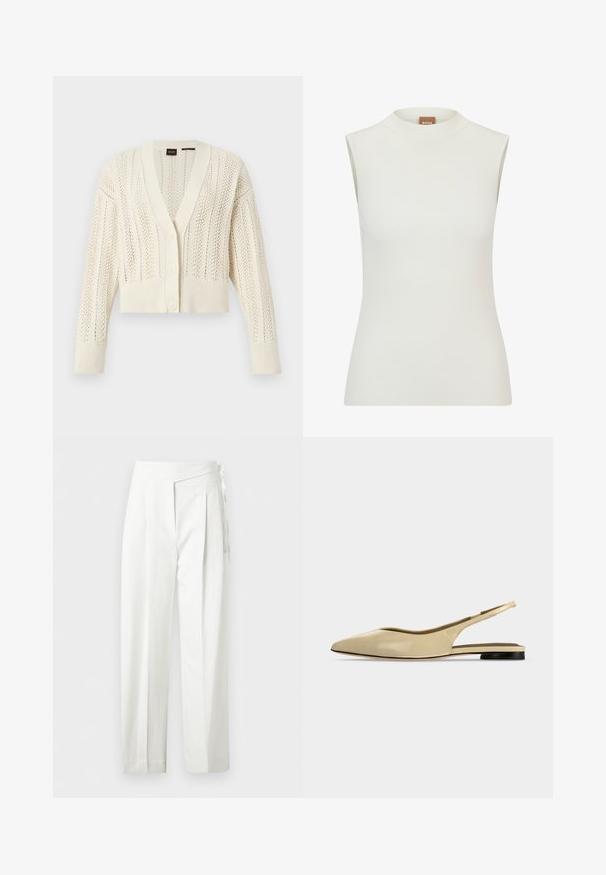 Cardigan en tricot couleur crème avec col en V, boutonnière à l'avant, manches longues, poignets et ourlet côtelés, présentant un motif de dentelle sur tout le vêtement.; Haut blanc sans manches avec un col montant, présentant une texture côtelée et un design ajusté. Étiquette de marque "BOSS" visible sur le col.; Pantalon blanc taille haute avec plis et détail de nœud sur le côté, coupe droite et fermeture cachée.; Chaussure plate beige à bout pointu avec bride arrière, petit talon noir et finition en cuir lisse, vue de côté sur un fond uni.