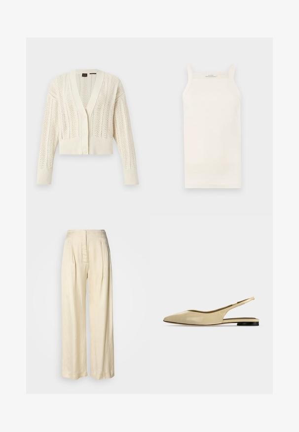 Cardigan en tricot couleur crème avec col en V, boutonnière à l'avant, manches longues, poignets et ourlet côtelés, présentant un motif de dentelle sur tout le vêtement.; Débardeur crème à côtes, avec des bretelles fines, une coupe ajustée et un ourlet droit. L'étiquette indique "IVY OAK". Le tissu semble doux et extensible.; Pantalon en soie crème taille haute avec plis, jambes larges et fermeture éclair avant dissimulée sur un fond blanc uni.; Chaussure plate beige à bout pointu avec bride arrière, petit talon noir et finition en cuir lisse, vue de côté sur un fond uni.