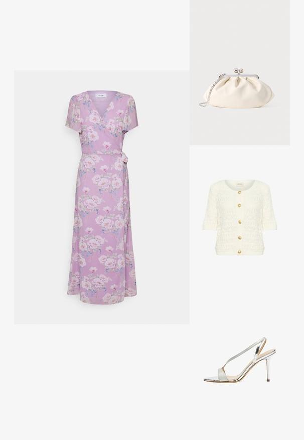 Cremefarvet strikket cardigan med korte ærmer, rund halsudskæring og fem guldknapper foran. Blandet åben struktur hele vejen igennem.; VILA VIINGRID ANCLE WRAP DRESS - Hverdagskjole - pastel lilacaop; Sølv metalisk højhælet sandal med åben tå, tynd ankelrem og slank stiletto hæl på en hvid baggrund.; Cremefarvet stofclutch med et rynket design, sølv metalramme, to dekorative kugler og en sølvkæde som rem.