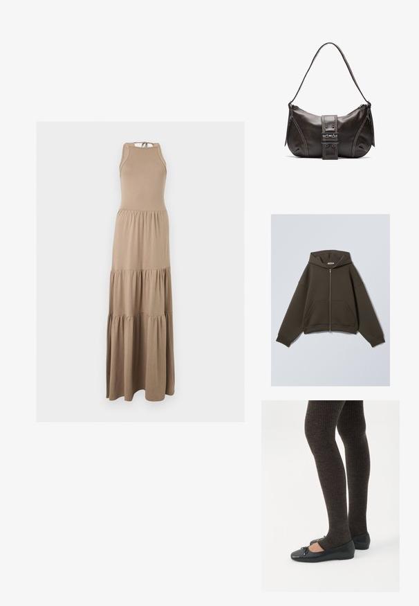 Haut à capuche zippé d'un vert foncé, avec deux poches avant et des manches larges. Fabriqué en tissu doux et texturé avec une coupe décontractée.; Robe maxi beige sans manches avec un lien noué au cou et une jupe froncée à trois niveaux, présentée sur un fond uni.; Jambes portant des leggings côtelés foncés associés à des ballerines noires avec de petits détails en nœud sur fond blanc.; Sac à épaule en cuir marron avec une forme courbée, présentant un détail de boucle proéminent, des coutures contrastantes et une seule bandoulière.